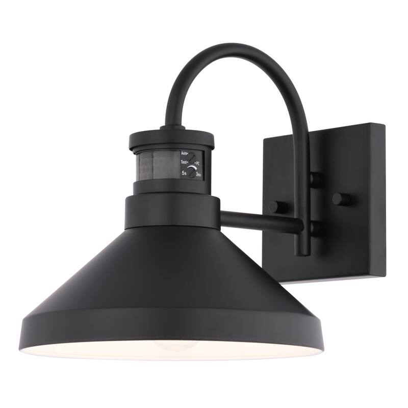 VAXCEL Highland Park Matte Black and White Motion Sensor Dusk to Dawn Outdoor Wall Sconce Light Fixture, Steel Shade
