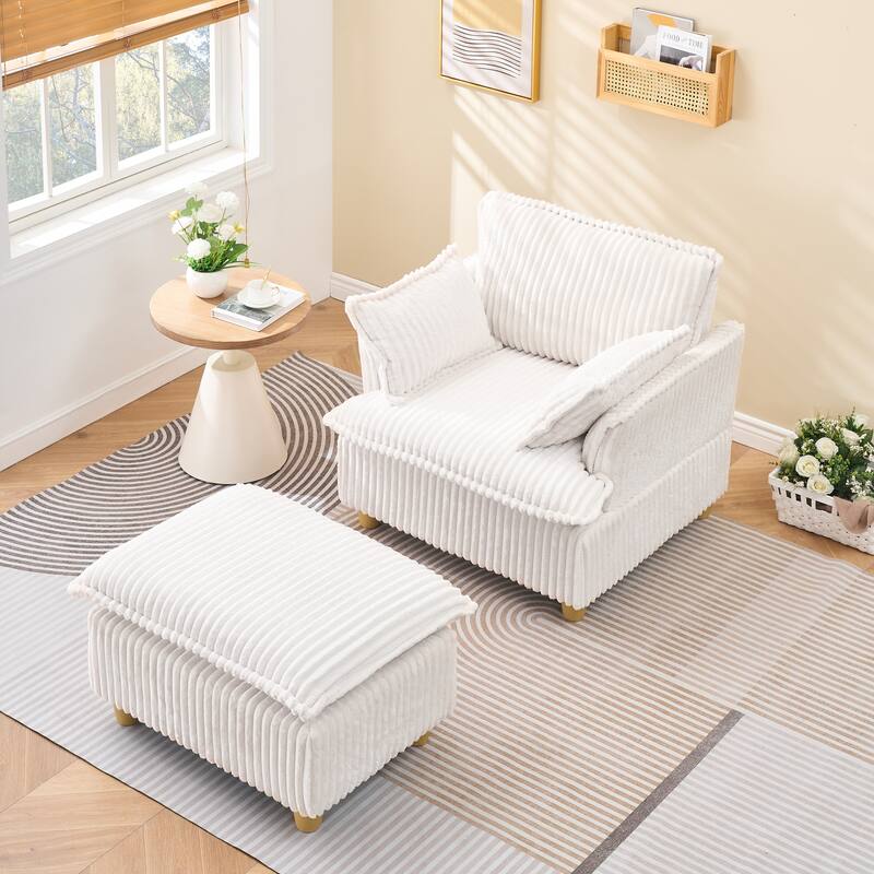 Single Sofa with Ottoman, Comfy Corduroy Upholstered Armchair, Lounge Chair with Throw Pillows for Living Room, Balcony
