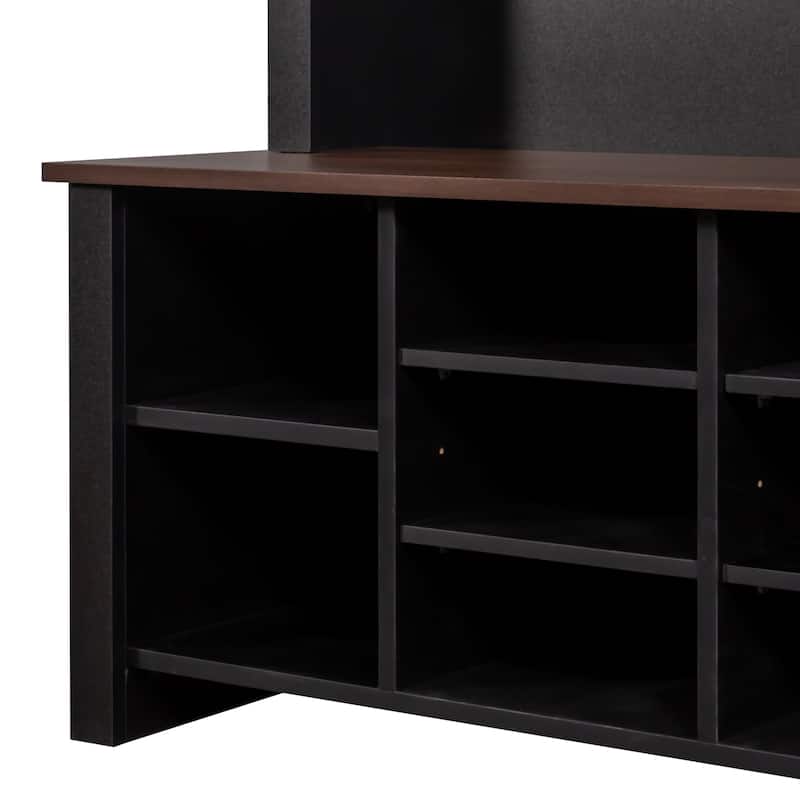 Farmhouse 4-in-1 Hall Tree with 6 Hooks, Entryway Bench with Shelves, Wooden Style Shoe Organizer with 16 Open Compartments