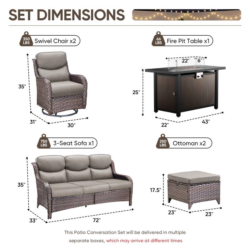 Pocassy 6/7 Piece Patio Sofa Swivel Chair Set with 43" Fire Pit Table