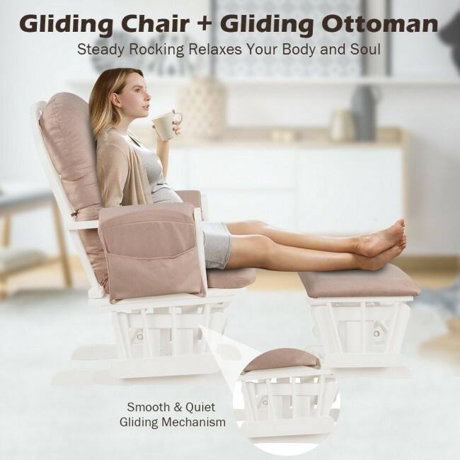 Solid Wood Gliding Chair Set with Pockets and Ottoman for Relaxing