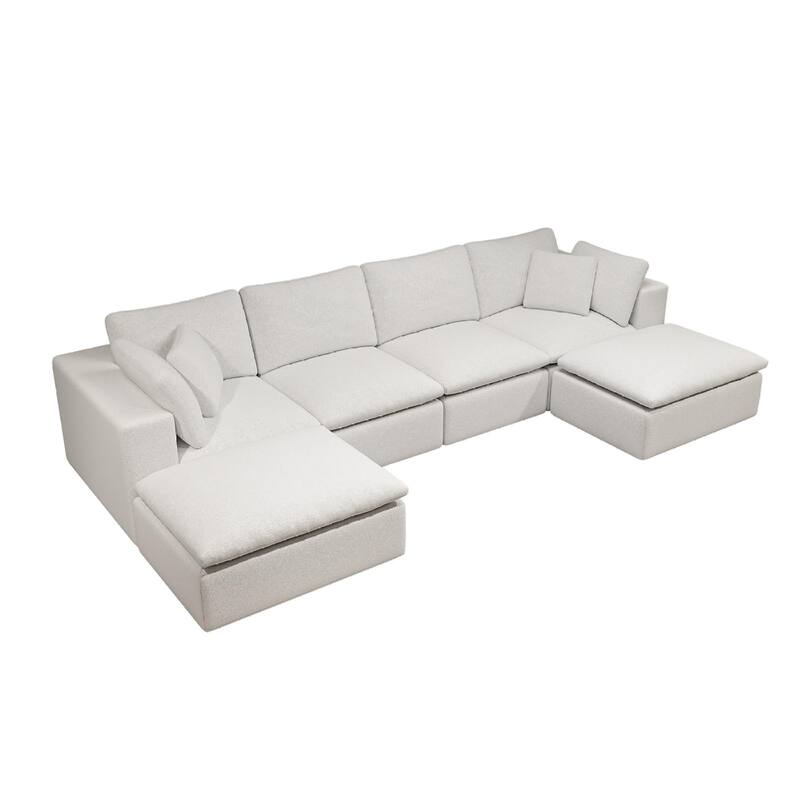 Roomfitters 137.8" Modular Sectional Sofa, 5-Piece Compressed Cloud Couch, No Assembly, Plush Corduroy, White