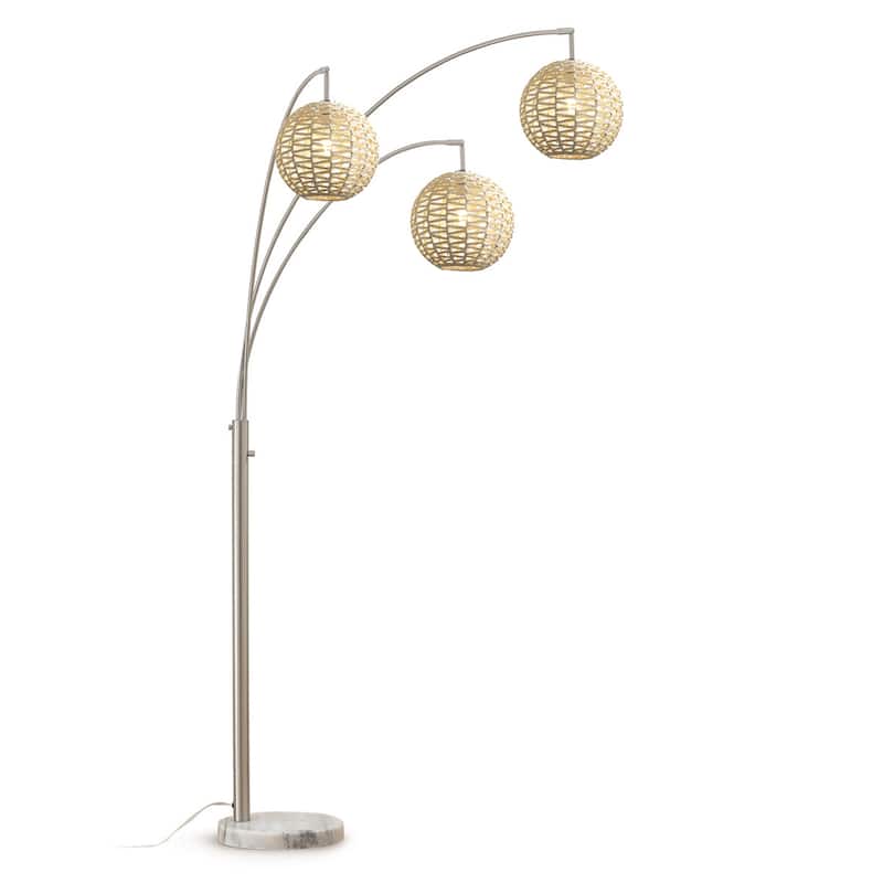 HOMEGLAM 83" 3-Light Globe Woven Rattan Arched Floor Lamp - Brushed Nickel