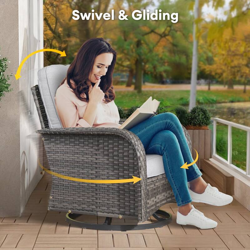 HOOOWOOO 3-piece Grey Wicker Patio Swivel Rocking Chair Set