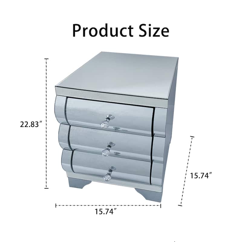 Baked curved mirror Nightstand with 3 Drawer Glass Bedside Table Chest of Drawers for Bedroom Small Spaces End Table