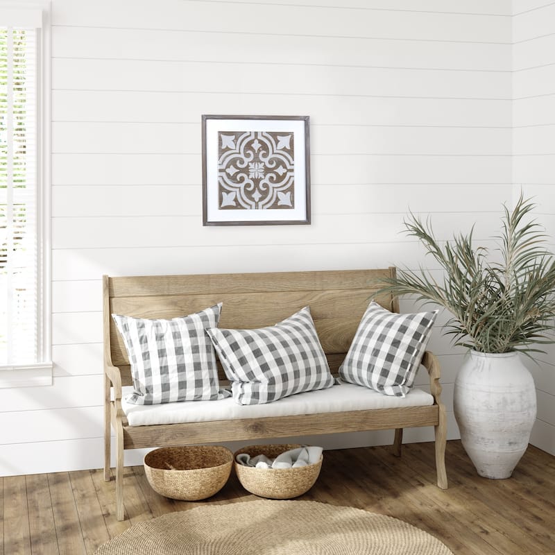 17" Brown White Farmhouse Geometric Carved Inlay Tile Wood Wall Design