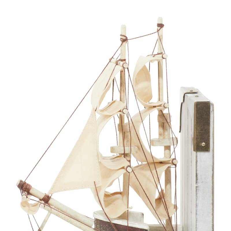 Wood Sail Boat Bookends with Real Boat Rigging and Gold Corners - Set of 2 White - Roche River Decor - 4"W x 6"L x 9"H