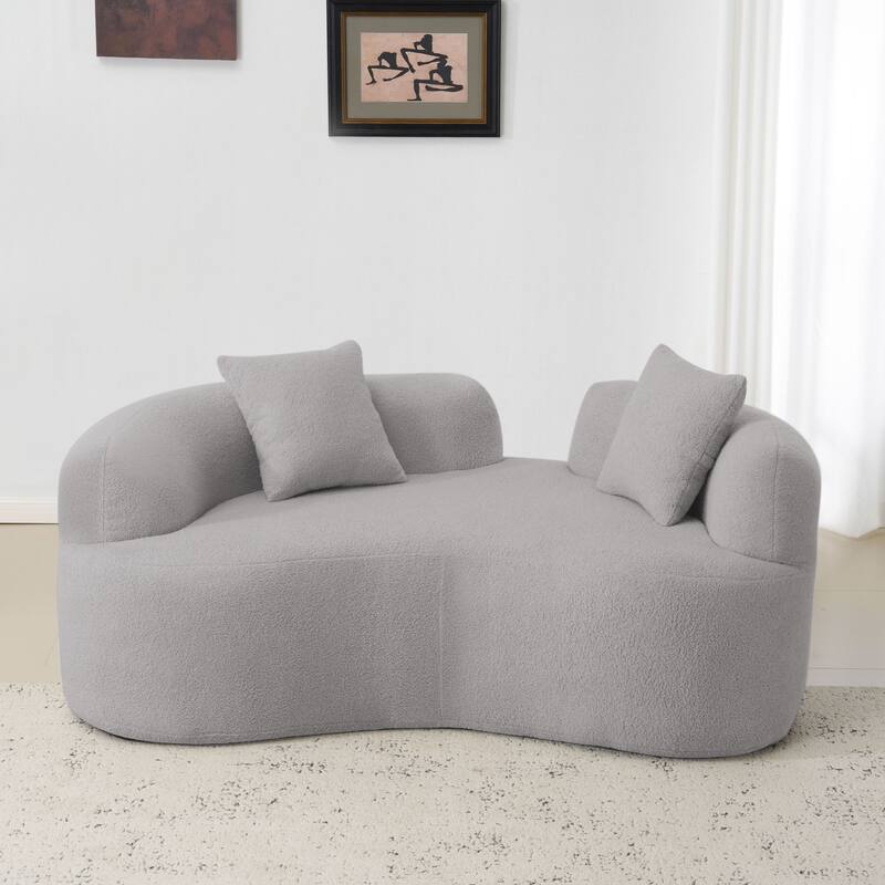 Curved Loveseat Sofa with 2 Pillows, Full Compression Sponge Boneless Floor Couch, Teddy Velvet Upholstered Cloud Couch - Grey