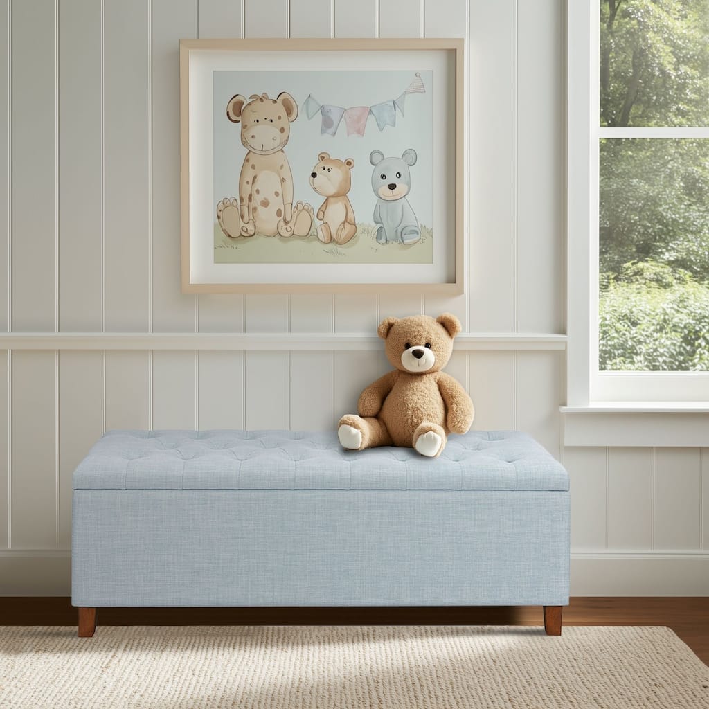 Roomfitters 49-Inch Tufted Top Storage Bench with Soft Close Lid and Solid Wood Legs, Light Blue Polyester Upholstery