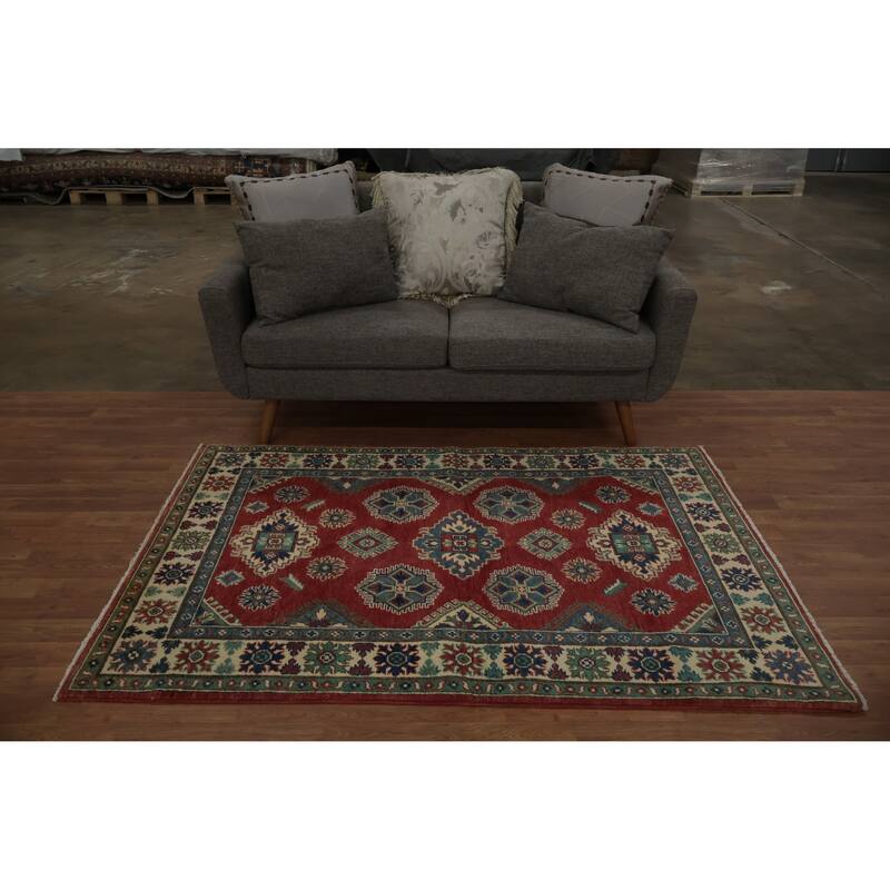 Hand Knotted Oriental 100% Wool Carpet Traditional Geometric Red Kazak Area Rug - 6' 1'' X 4' 0''