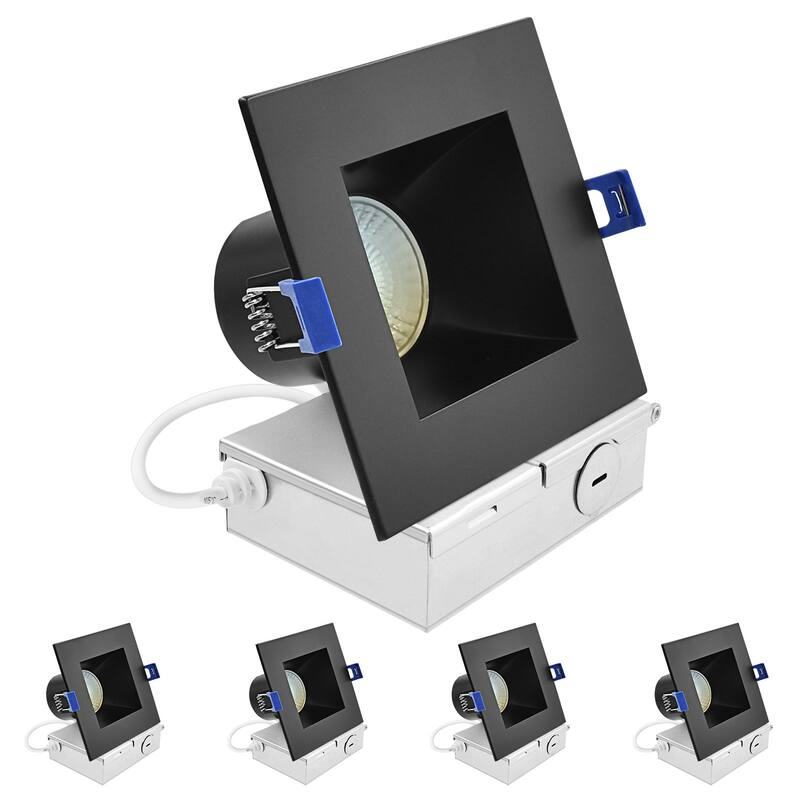 Luxrite 4 in. Square LED Recessed Ceiling Light J-Box 12W 5CCT 840 Lumens Wet Rated Black Trim 4 Pack - Color Temperature Selectable 27K/30K/35K/40K/50K