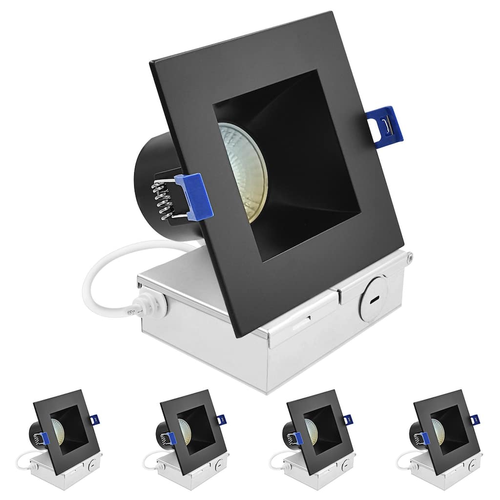 Luxrite 4 in. Square LED Recessed Ceiling Light J-Box 12W 5CCT 840 Lumens Wet Rated Black Trim 4 Pack