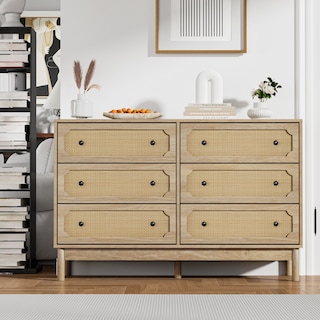 Anmytek Modern Rattan 6-Drawer Double Dresser 47.2" Wide Bedroom Storage Organizer Closet Drawers