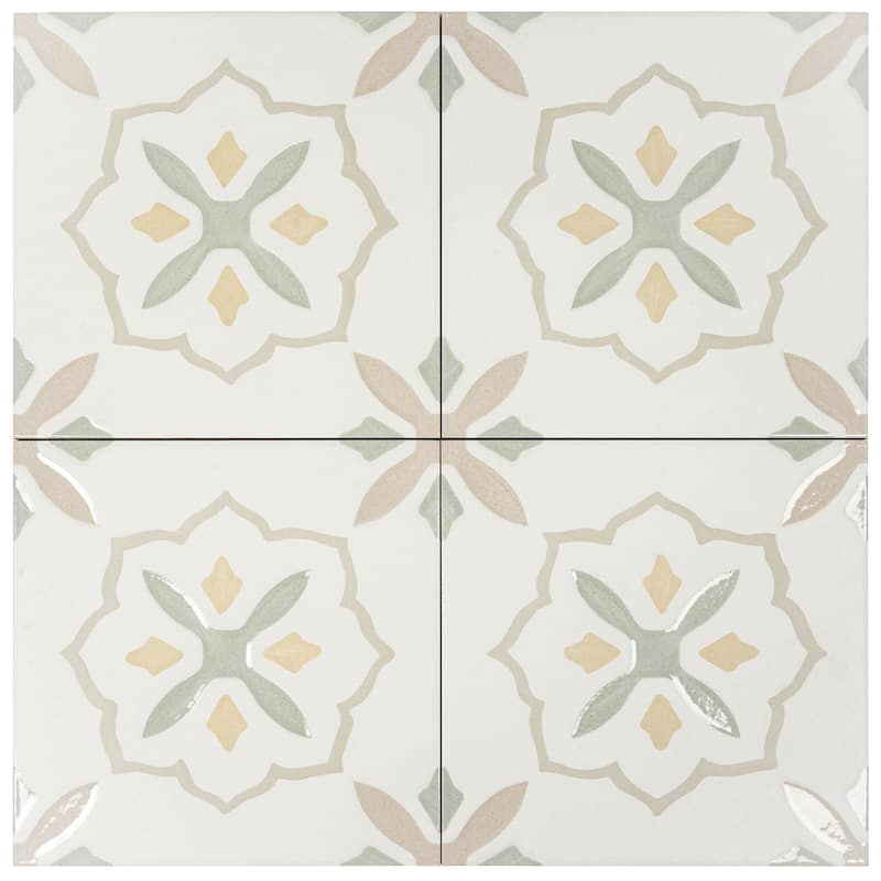 Palmera 9x9 Off-White Yellow Porcelain Floral Square Wall and Floor Tile (6.96 sq ft/case) - 13 Pack