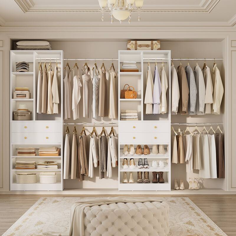 Set of 2 Closet System with 6 Hanging Rods and 4 Drawers, Adjustable Closet System with Shelves and Shoe Rack - White