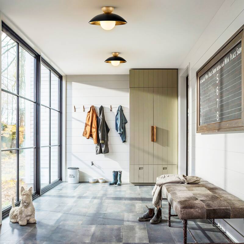 14.5 in. 1-Light Black/White Finish Wood Gold Leaf Dome Semi-Flush Mount Light with Opal Glass Globe