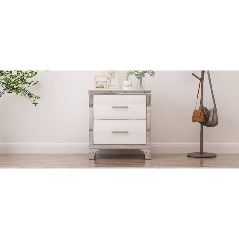Elegant High-Gloss Mirrored 2-Drawer Nightstand - Metal Handle Bedside Table for Bedroom/Living Room (White)