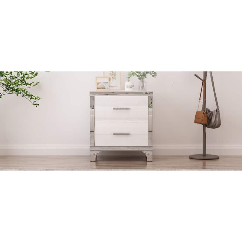 Mirrored Nightstand with 2 Drawers, Bedside Table with Metal Handle, Sofa Side Table with Mirrored Edge and Legs