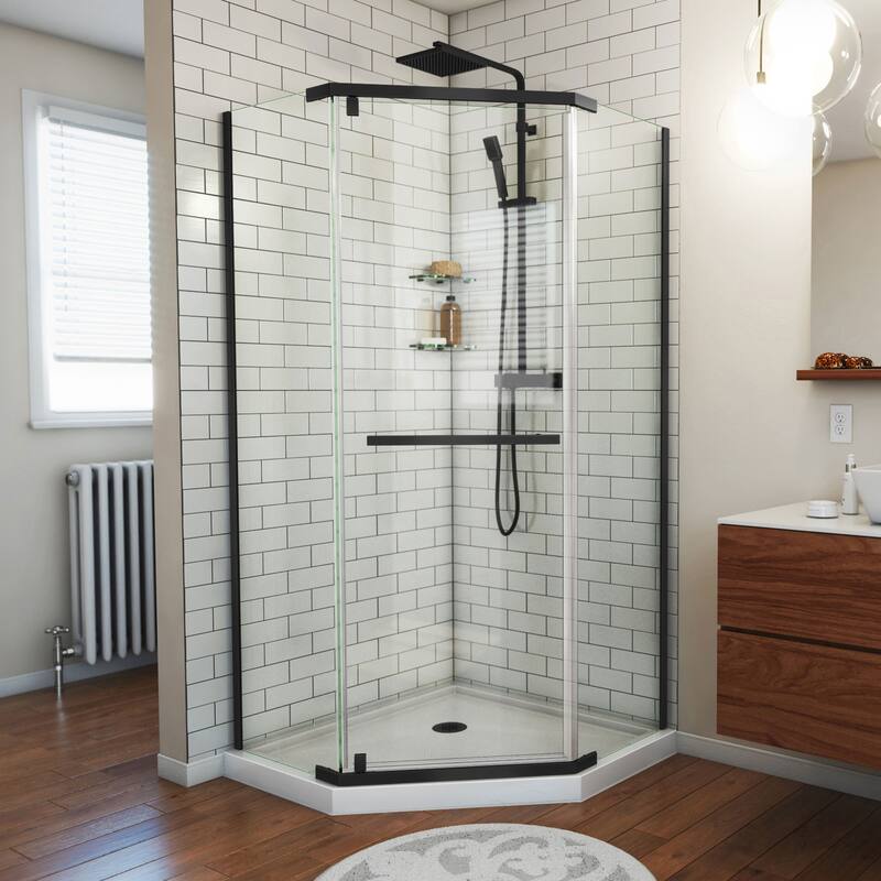 DreamLine Prism 36 in. x 74 3/4 in. Frameless Neo-Angle Pivot Shower Enclosure in Satin Black with White Base Kit