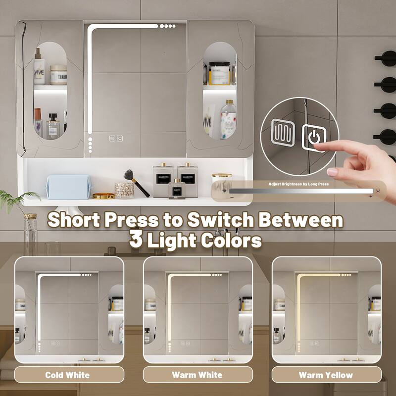 LED Bathroom Mirror Medicine Cabinet, Anti-Fog, Touch Control with 3 Light Colors