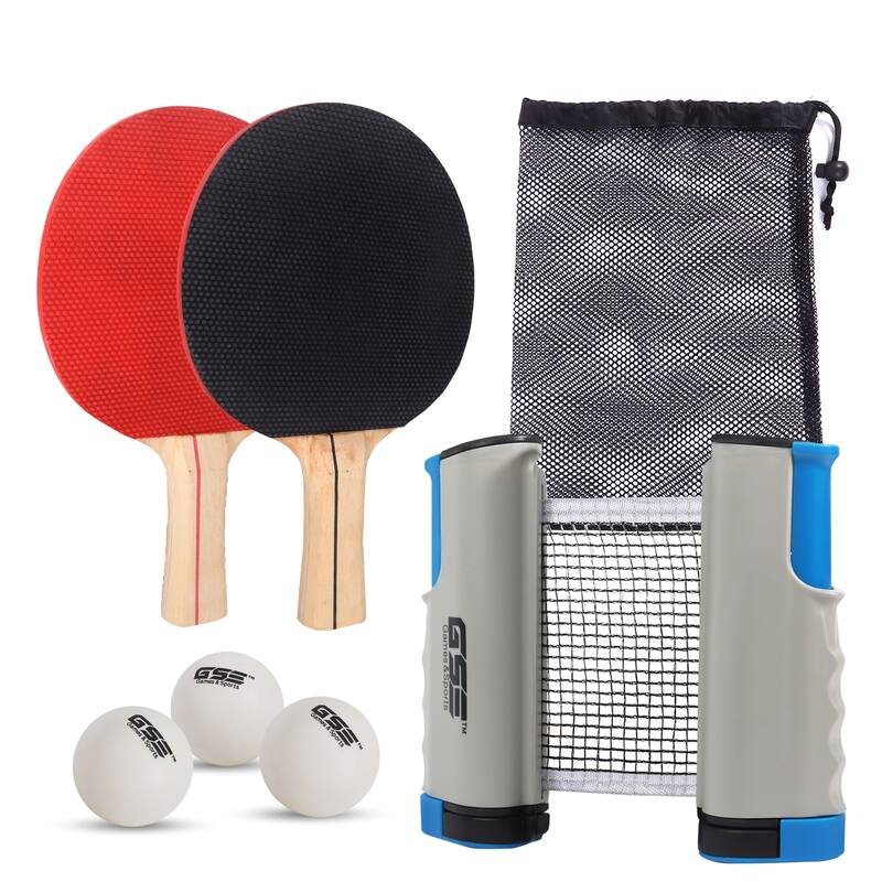 GSE™ Complete Portable Table Tennis Game Set with Retractable Ping Pong Net & Post, 2 Paddles & 3 Ping Pong Balls for Anywhere - Grey