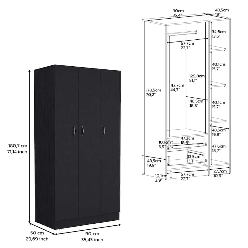 DEPOT E-SHOP Westbury Wardrobe Armoire with 3-Doors and 2-Inner Drawers, White