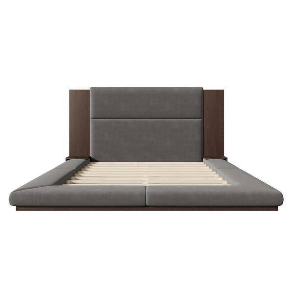 Floor Upholstered Platform Bed with Extended Wood Headboard & Bedside Shelf