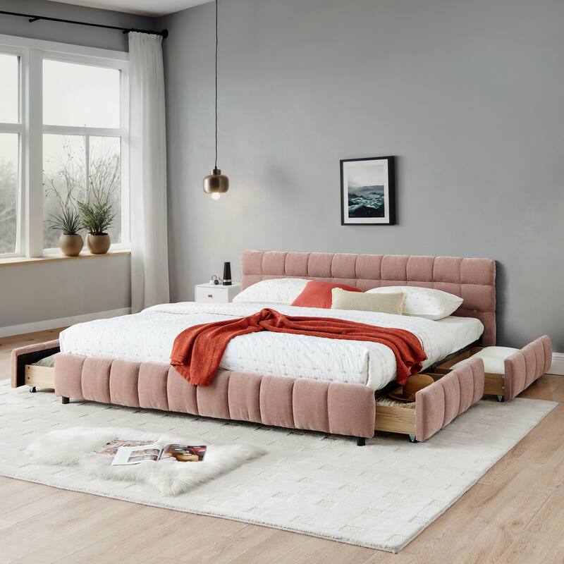 Block Thick Chenille Low Profile Platform Bed Fabric Upholstered Bedframe with Headboard Solid Wood Frame - Optional Storage Bed