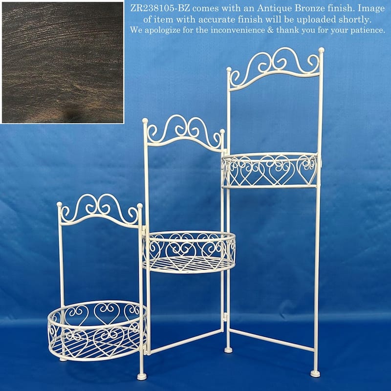 32.5 Inch Tall Three-Tier Basket Trifold Plant Stand - 32" L x 10" W x 32.5" H - Antique Bronze