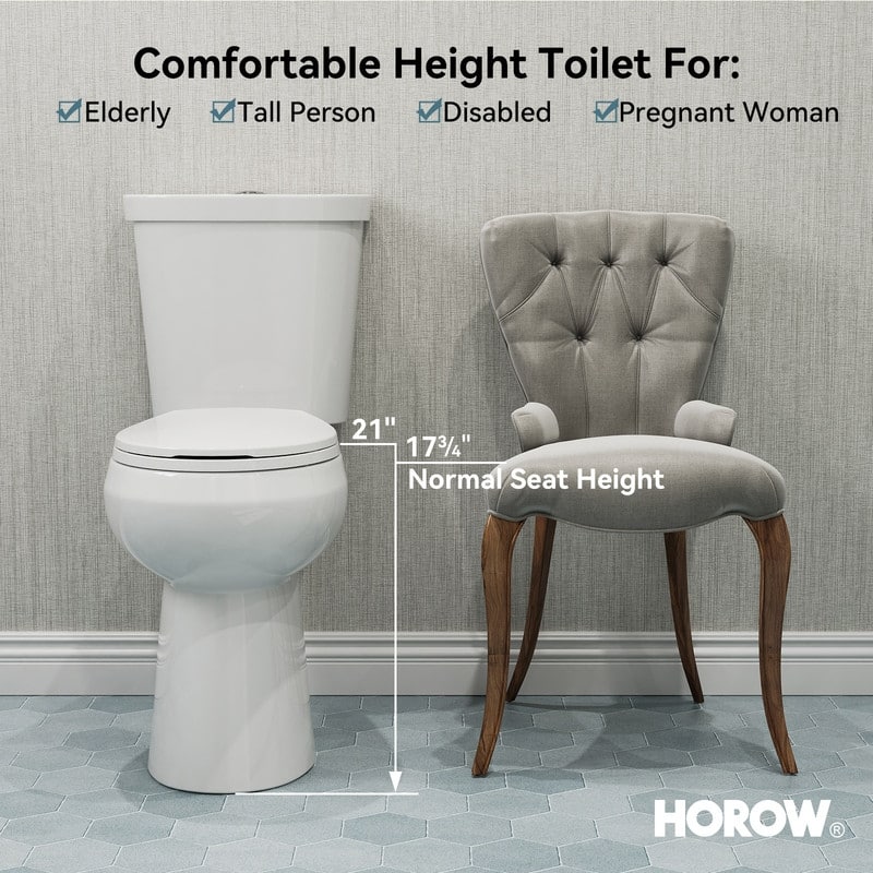 HOROW 21 in. Extra Tall 2-Piece Round Toilet in White with Comfortable Chair Height Seat and 1000g Powerful Flush - 21 Inch