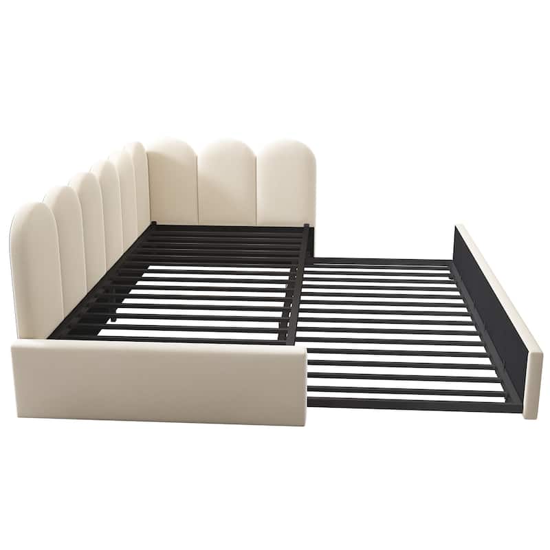 L Shape Daybed Twin Size Upholstered Platform Bed with Trundle, Interchangeable Side Panels and Metal Slatted Frame