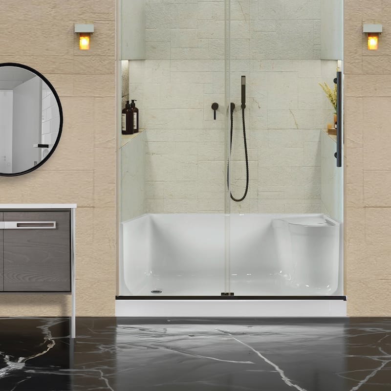 Fine Fixtures Single Threshold Acrylic Non-Slip Shower Base With Seat - 60 x 32