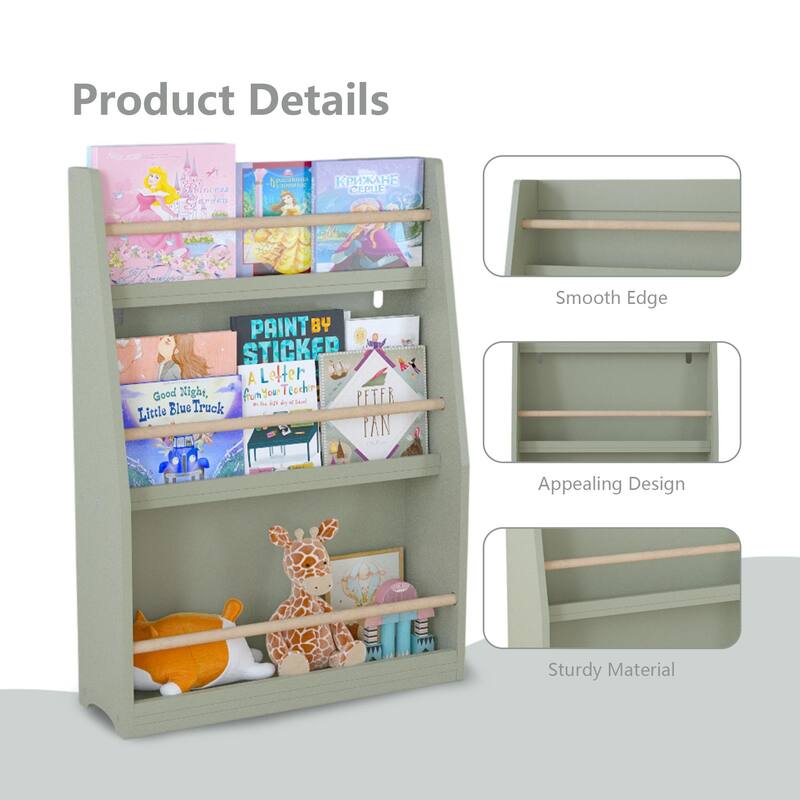 Anmytek 3-Tier Kids Wall Bookshelf with Slanted Front & Guardrails, Pastel Finish Wooden Display for Bedroom