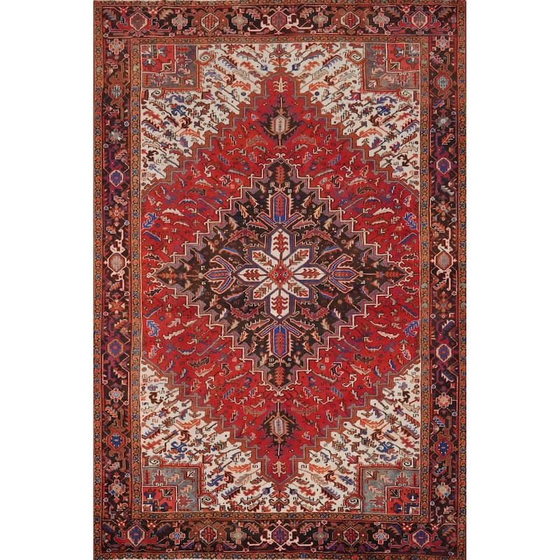 Hand Knotted Oriental 100% Wool Carpet Traditional Floral Red Heriz Area Rug - 11' 2'' X 8' 3''