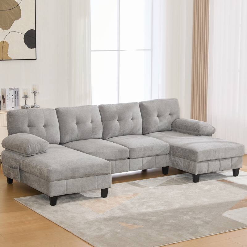103.5" Chenille Fabric Couch U-Shaped Sectional Sofa with Dual Chaise Lounges, Storage Pockets and Armrest Pillows