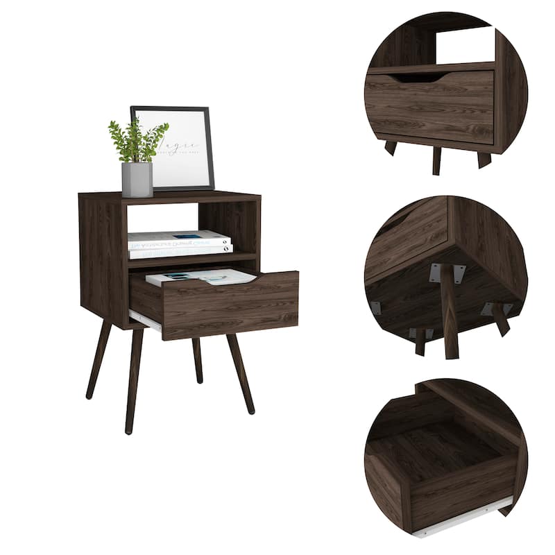 Nightstand 25"H, Superior Top, Four Legs, One Open Shelf, One Drawer, Dark Walnut