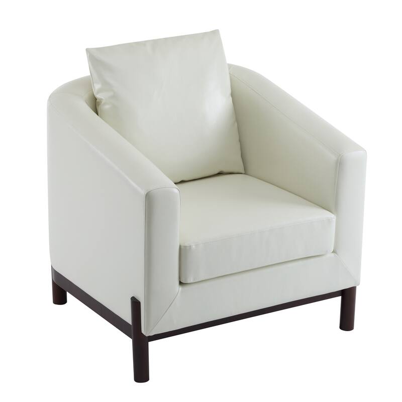 Roomfitters Anurudh Barrel Club Chair with Walnut Base and Modern Faux Leather Upholstery, White+Walnut