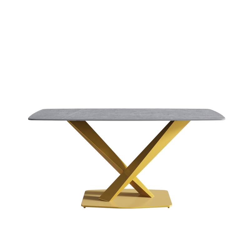 63" Modern Dining Table with Slate Stone Top and Metal Legs, Marble Dining Table