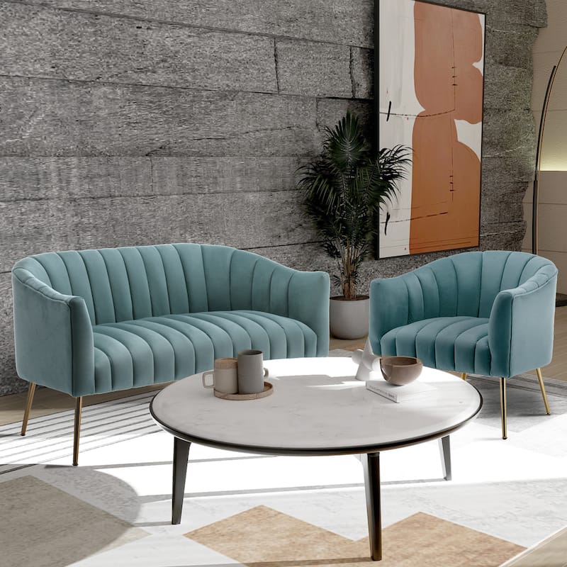 SEYNAR Velvet Upholstered Accent Chair and Loveseat Set - Blue