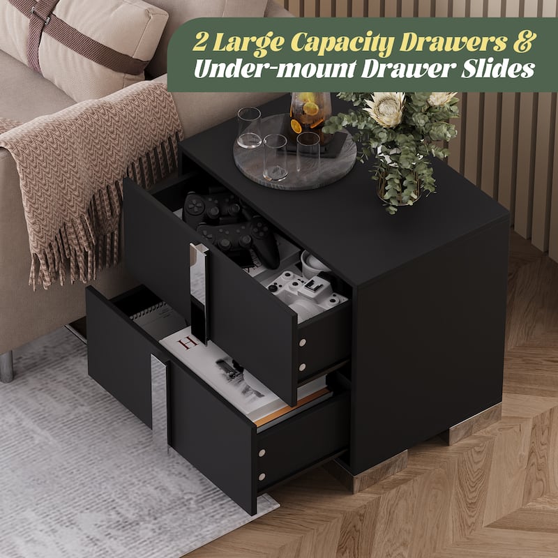 Modern End Table with Drawers, Elegant Nightstand with Metal Foot,Wood Bedside Table with Mirrored Metal Handles