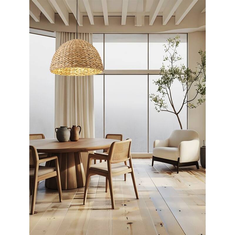 1-Light Aged Lantern Pendant Lamp with Natural Rattan Woven Shade - N/A