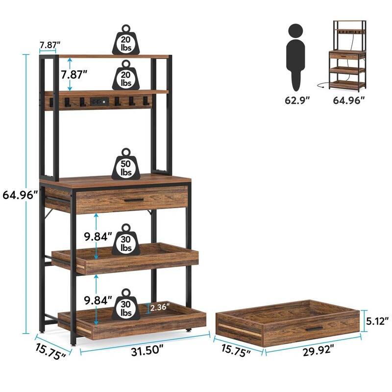 3-Shelf Kitchen Baker’s Rack with Drawers Pull-Out Shelf Microwave Storage and Steel Frame - 64.96”H x 31.50" W x 15.75”D