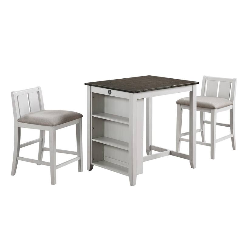 3 Piece Wooden Counter Height Dining Set with USB Outlet - White/Gray