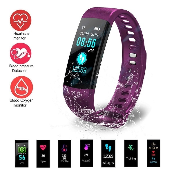 Waterproof Wireless Bluetooth Smart Fitness Tracker Heart Rate Count Wrist Bracelet Watch Band for Android IOS, Purple