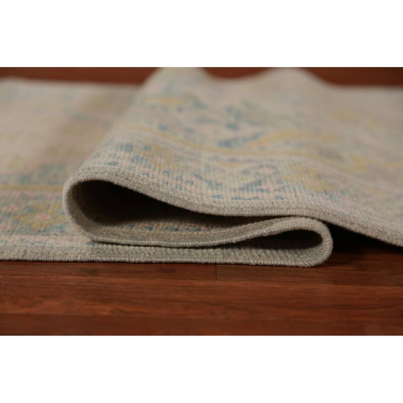 Hand Knotted Oriental 100% Wool Carpet Transitional Geometric Greys & Charcoal Oushak Runner Rug - 12' 1'' X 3' 1''