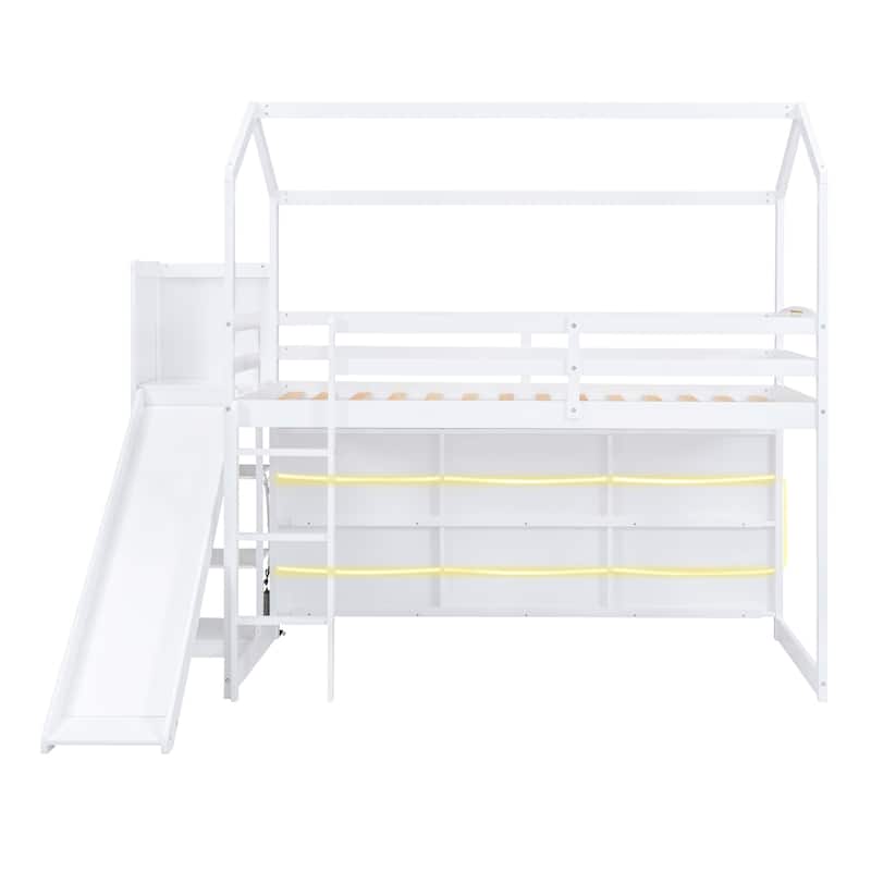 Twin Size Wood Loft Bed with Slide, Storage Shelves, and Light in White