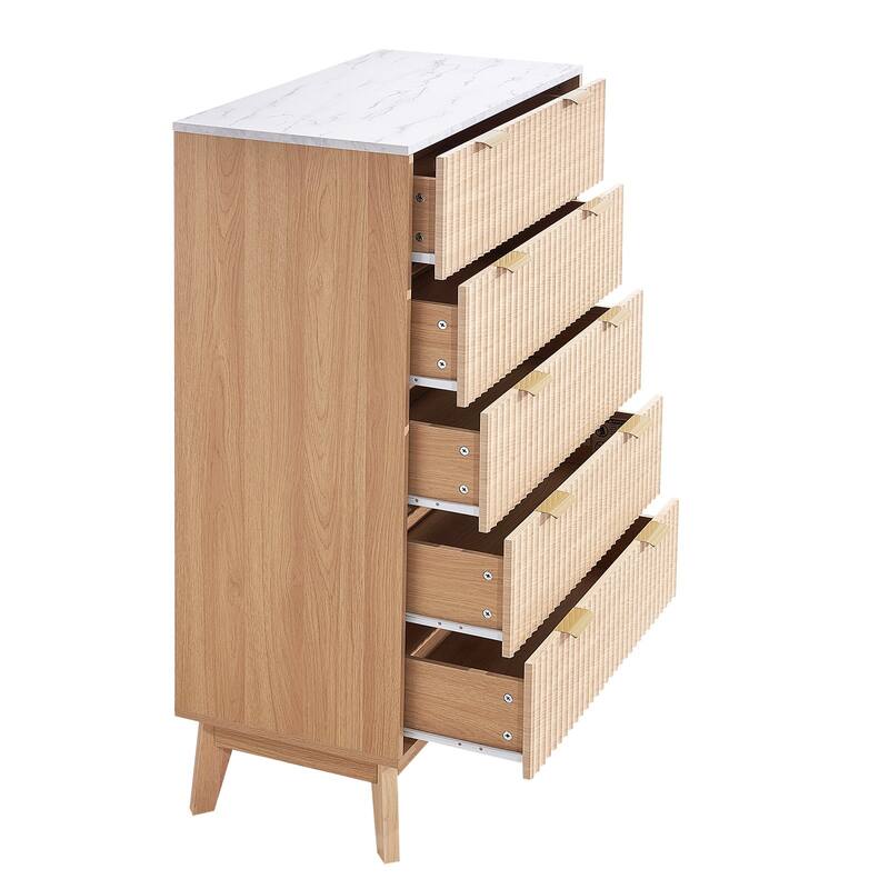 Light Wood MDF Drawer Dresser with Drawers, Wavy Design and Metal Handles