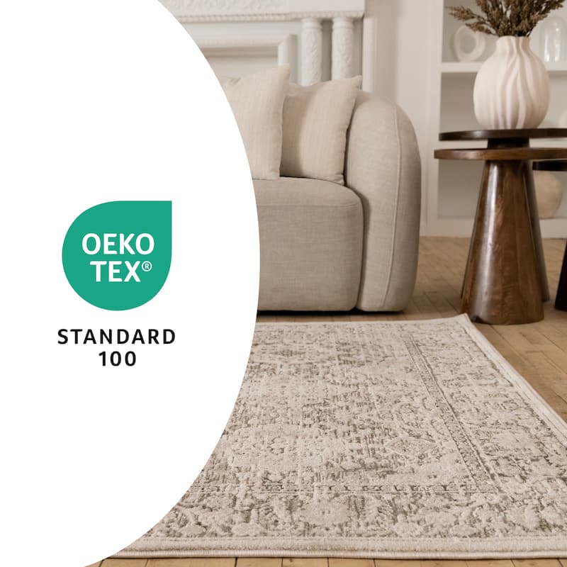 Taupe White Green Elegant Classic Textured Rug