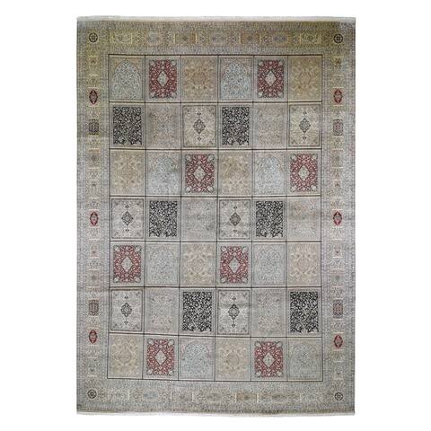 Hand Knotted Beige Silk with Silk Oriental Rug (12' x 17'4") - 12' x 17'4"