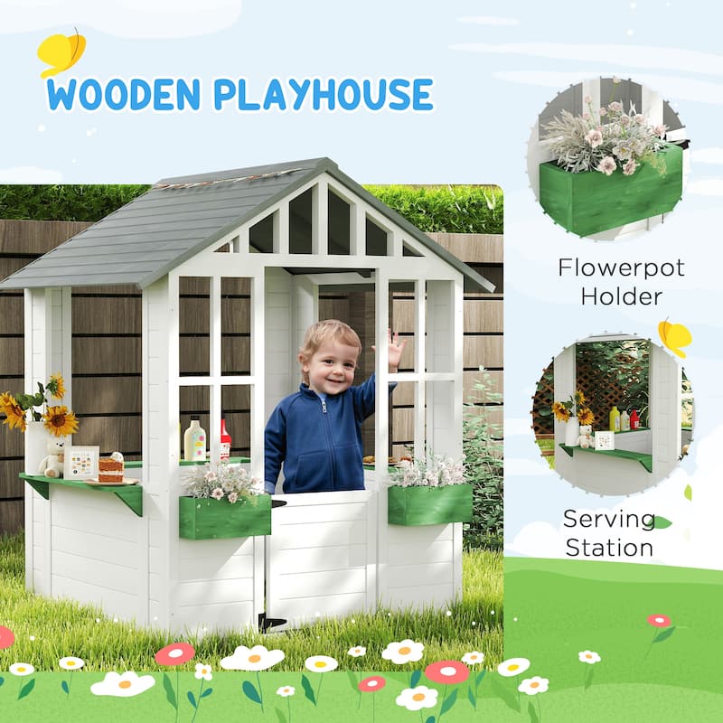 White Wooden Kids Outdoor Playhouse with Windows Serving Station and Flowerpot Holders for Ages 3 to 8